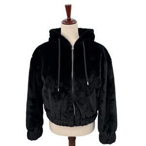 NEW Planet Heart Black Faux Fur Full Zip Jacket Size Large Hoodie Coat Soft Cozy
